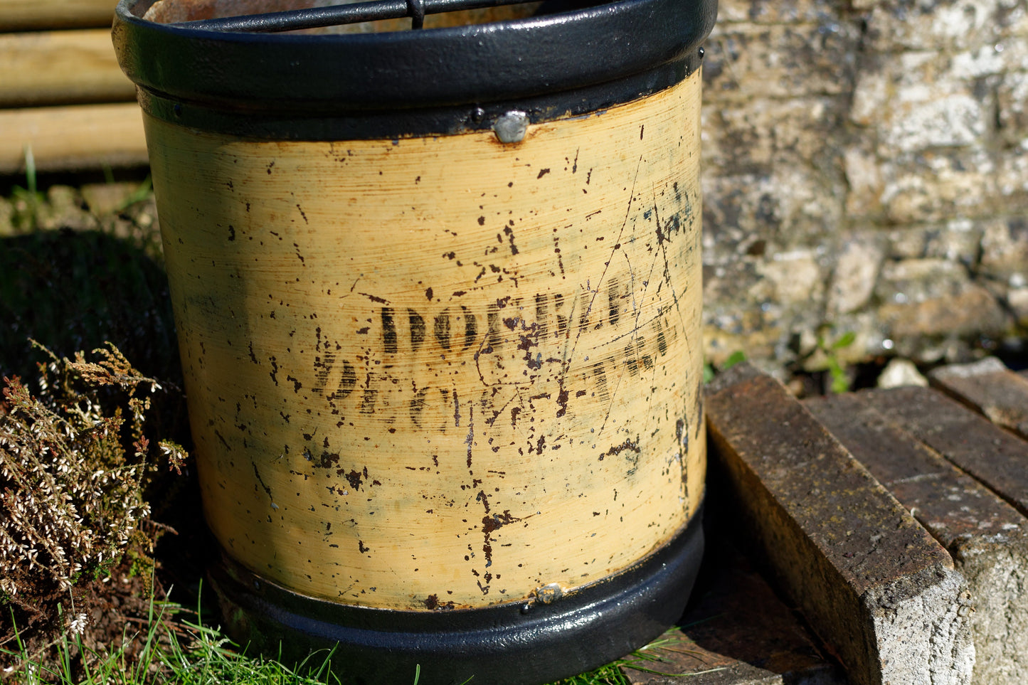 French Antique WOODEN Large Grain Measuring Bucket ~ Stamped "Double Decaliter" with Handle