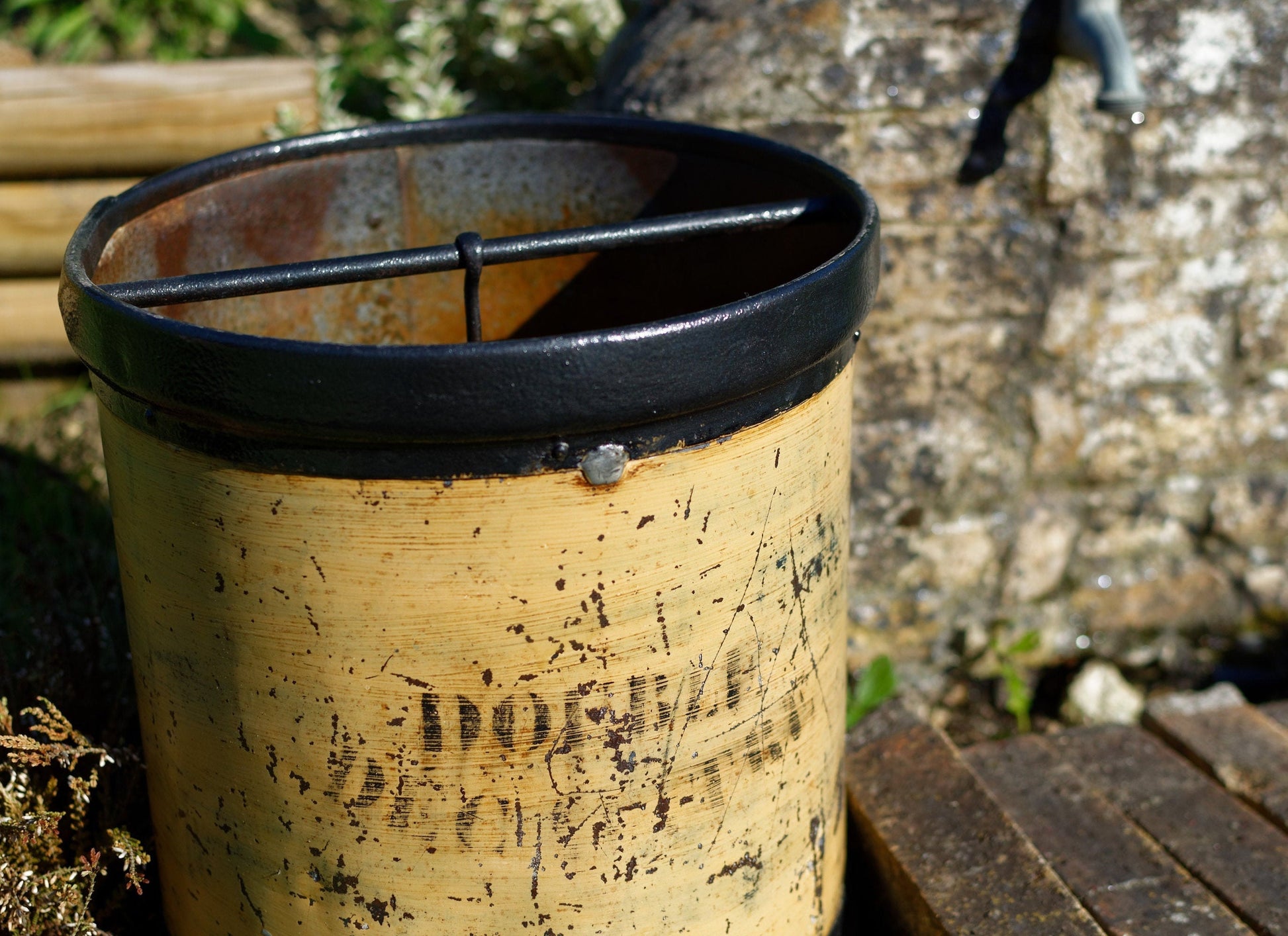 French Antique WOODEN Large Grain Measuring Bucket ~ Stamped "Double Decaliter" with Handle