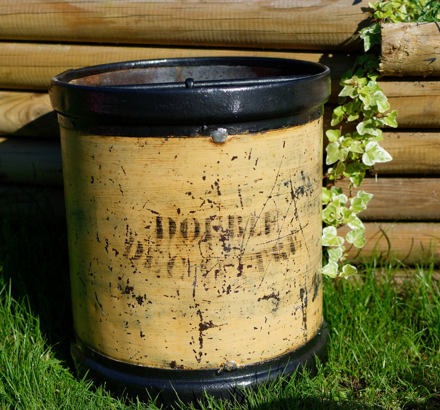 French Antique WOODEN Large Grain Measuring Bucket ~ Stamped "Double Decaliter" with Handle