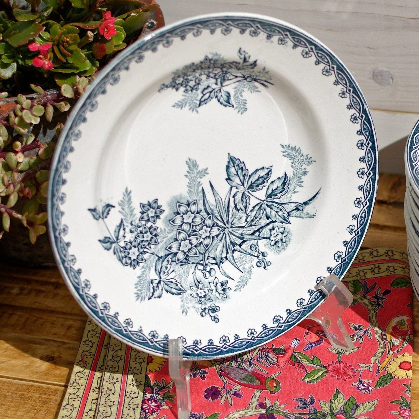 French Ironstone Blue Transferware Soup Plate MARGOT coq Ste Amandinoise St Amand France Terre de Fer