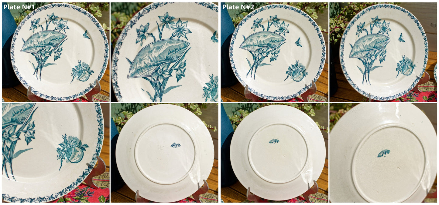 French Ironstone Blue Transferware Dinner Plate Ecran motif FT (Fenal Theophile) Badonviller France Terre de Fer