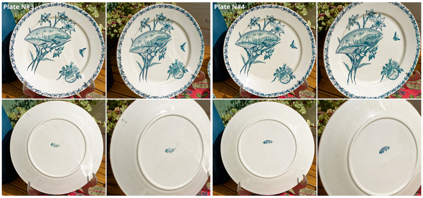 French Ironstone Blue Transferware Dinner Plate Ecran motif FT (Fenal Theophile) Badonviller France Terre de Fer