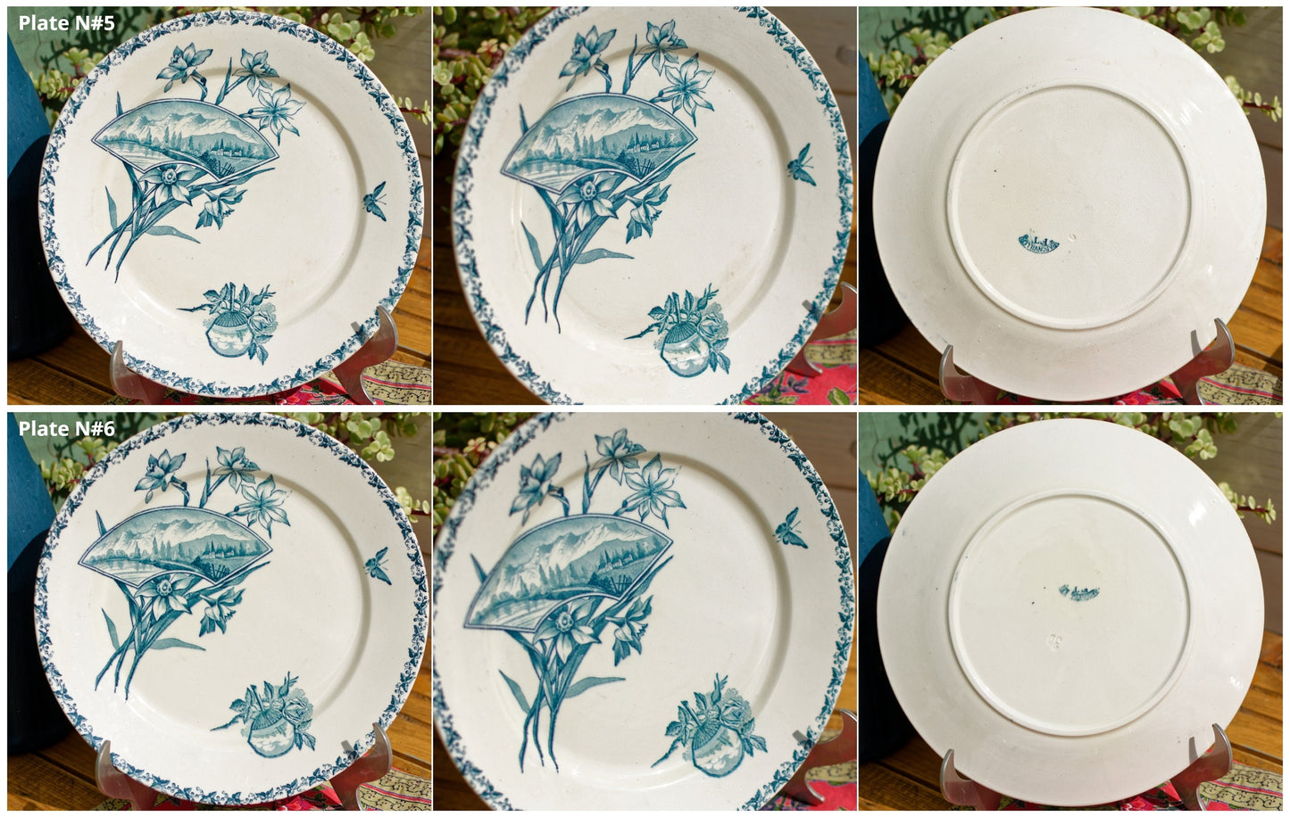 French Ironstone Blue Transferware Dinner Plate Ecran motif FT (Fenal Theophile) Badonviller France Terre de Fer