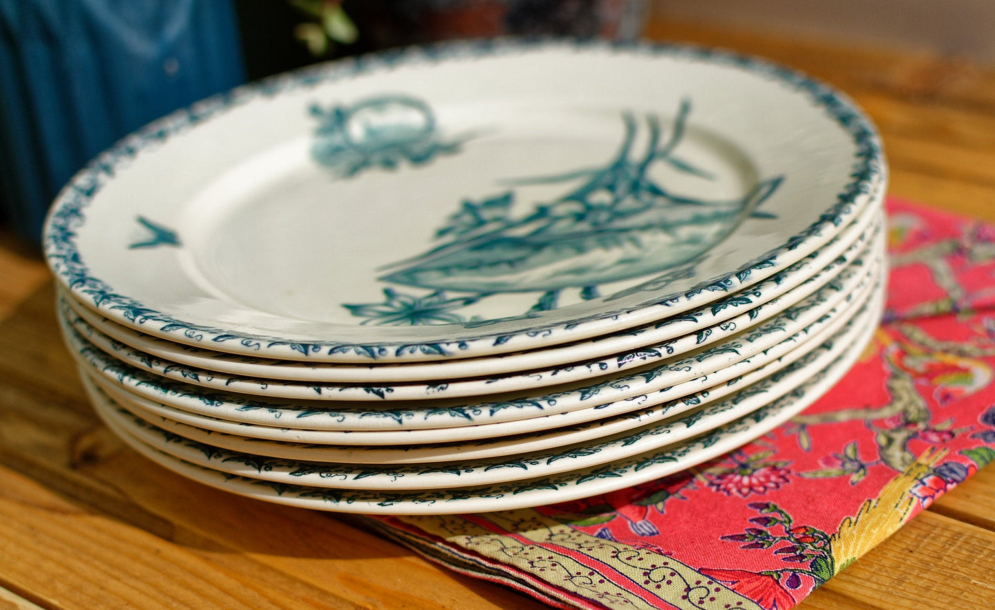 French Ironstone Blue Transferware Dinner Plate Ecran motif FT (Fenal Theophile) Badonviller France Terre de Fer