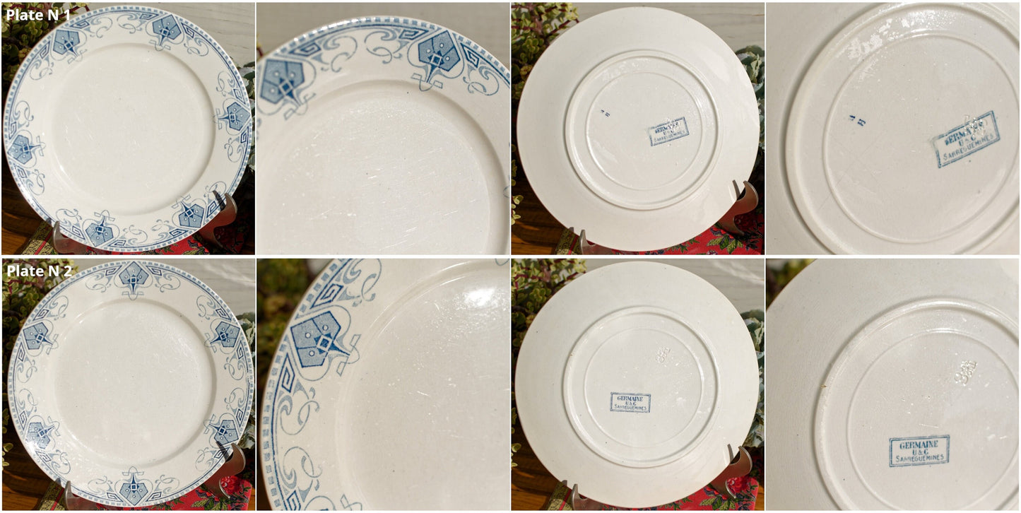 French Ironstone Blue Transferware Dinner Plate GERMAINE France Sarreguemines U&C Terre de Fer