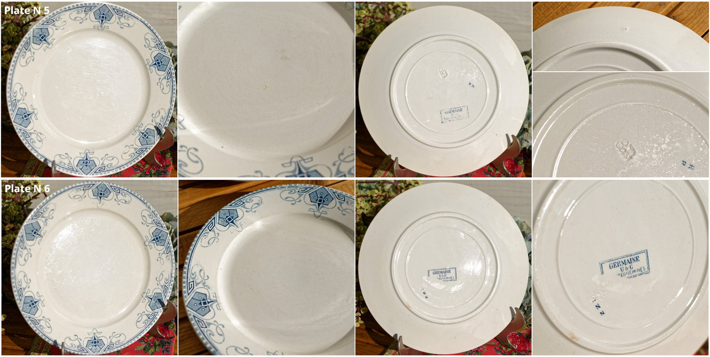 French Ironstone Blue Transferware Dinner Plate GERMAINE France Sarreguemines U&C Terre de Fer