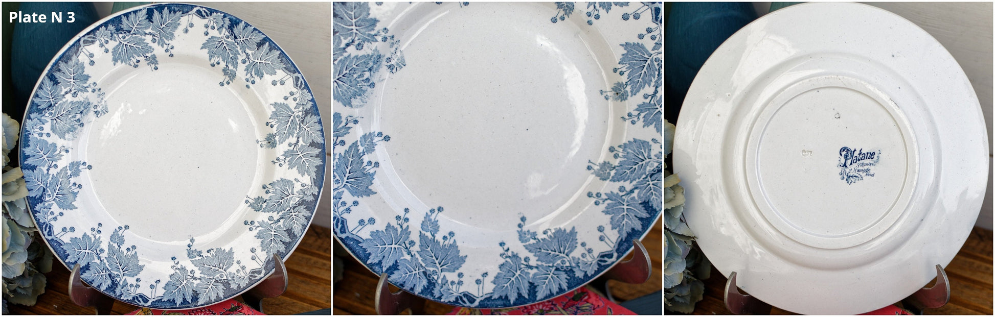 French Ironstone Blue Transferware Plate PLATANE Motif Ste Amand et Hamage Nord France Terre de Fer