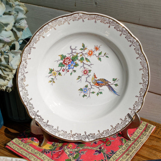 French Polychrome Silkscreen Porcelain Soup Plate Réal OPALOR EXPORT Asiatique Bird of Paradise Motif