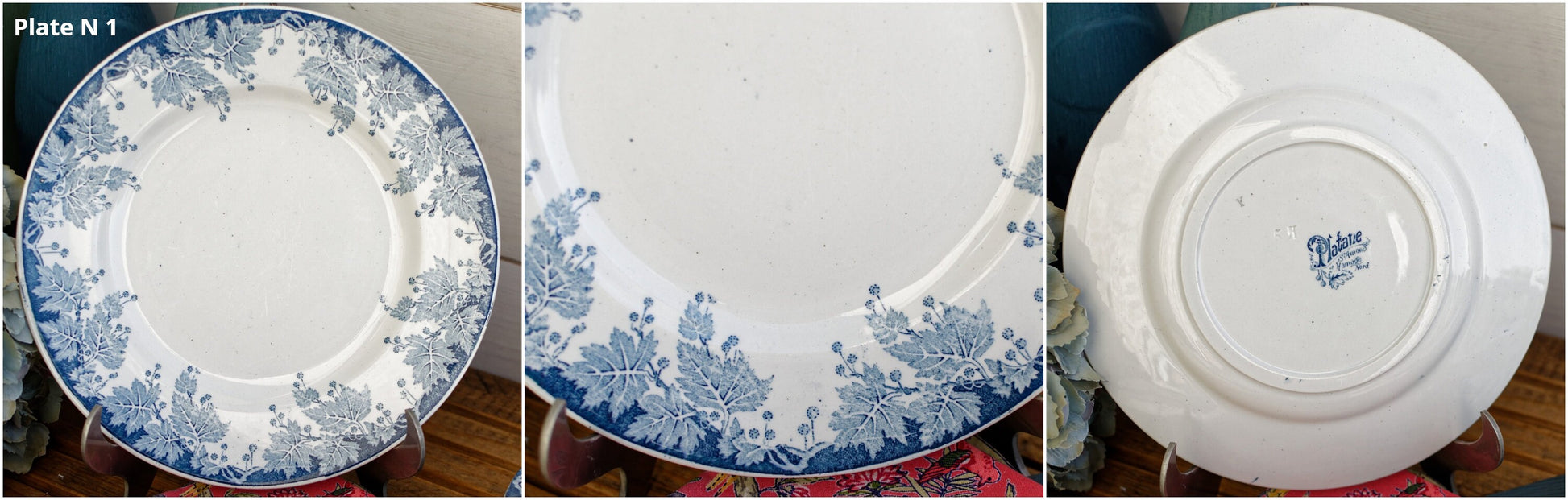 French Ironstone Blue Transferware Plate PLATANE Motif Ste Amand et Hamage Nord France Terre de Fer