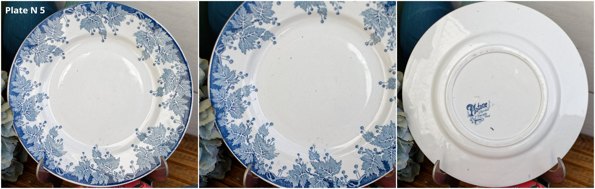 French Ironstone Blue Transferware Plate PLATANE Motif Ste Amand et Hamage Nord France Terre de Fer