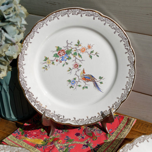 French Polychrome Silkscreen Porcelain Dinner Plate Réal OPALOR EXPORT Asiatique Bird of Paradise Motif