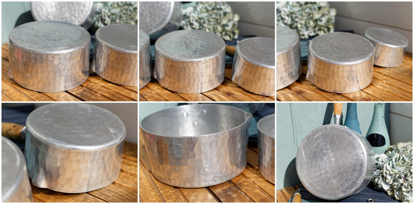 French Vintage Pure Aluminum Hammered Saucepans with Spouts Wooden Handles ~ L.Lecellier VILLEDIEU