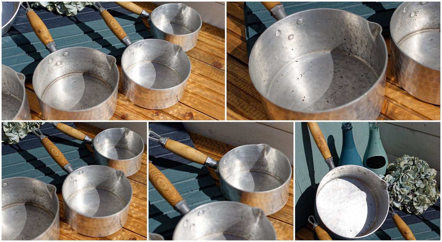 French Vintage Pure Aluminum Hammered Saucepans with Spouts Wooden Handles ~ L.Lecellier VILLEDIEU