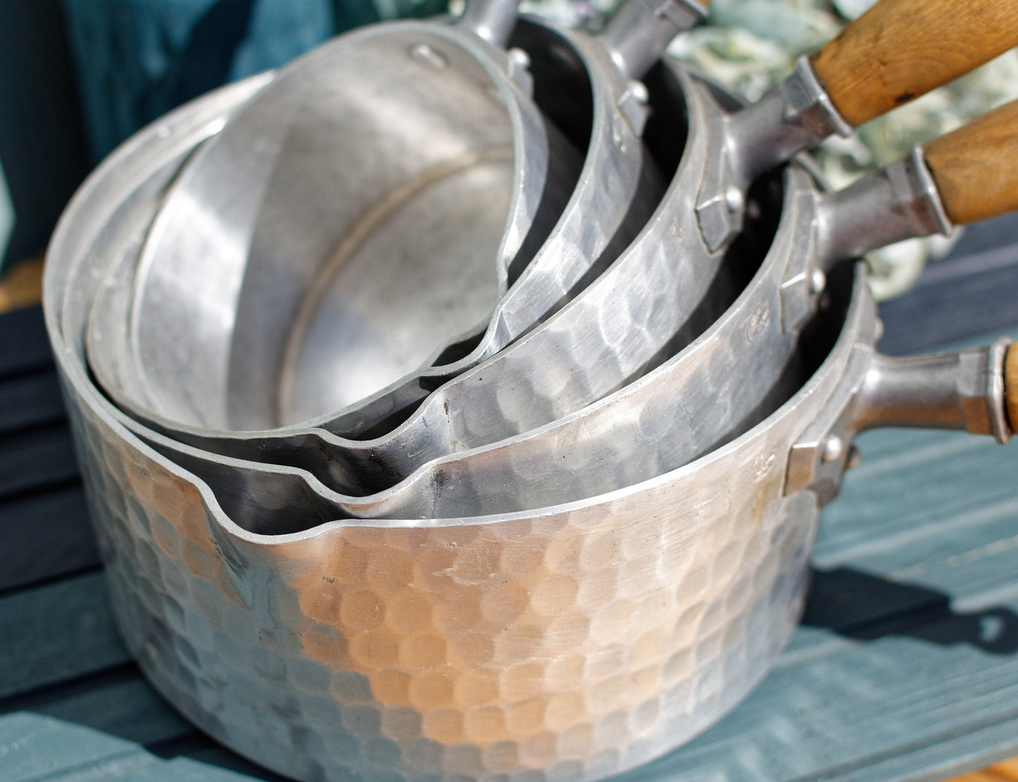 French Vintage Pure Aluminum Hammered Saucepans with Spouts Wooden Handles ~ L.Lecellier VILLEDIEU