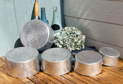 French Vintage Pure Aluminum Hammered Saucepans with Spouts Wooden Handles ~ L.Lecellier VILLEDIEU