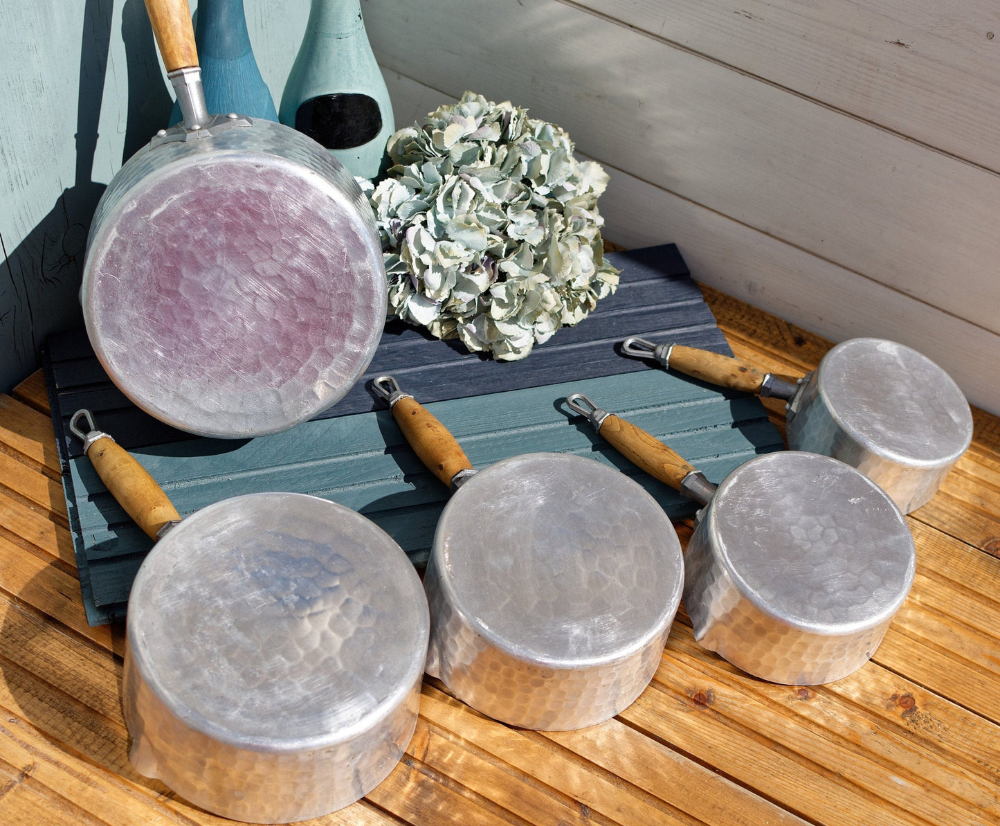 French Vintage Pure Aluminum Hammered Saucepans with Spouts Wooden Handles ~ L.Lecellier VILLEDIEU