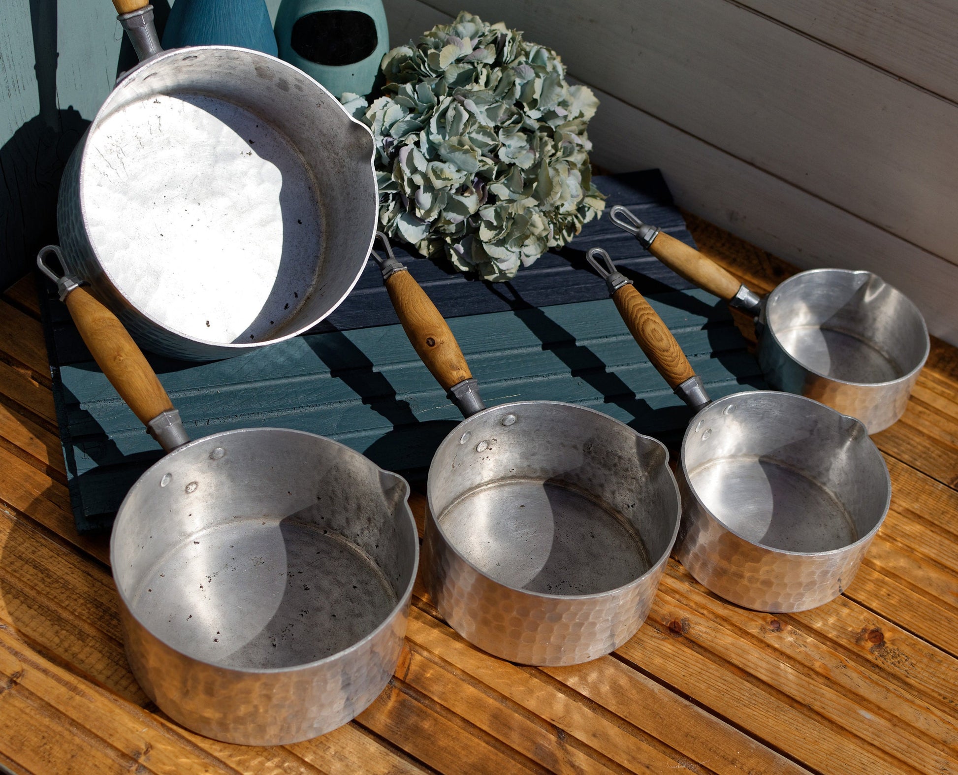 French Vintage Pure Aluminum Hammered Saucepans with Spouts Wooden Handles ~ L.Lecellier VILLEDIEU