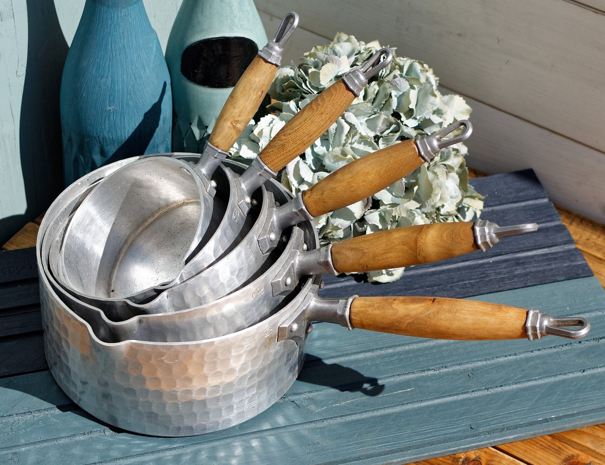 French Vintage Pure Aluminum Hammered Saucepans with Spouts Wooden Handles ~ L.Lecellier VILLEDIEU