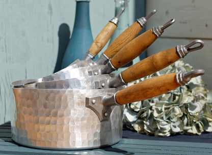 French Vintage Pure Aluminum Hammered Saucepans with Spouts Wooden Handles ~ L.Lecellier VILLEDIEU