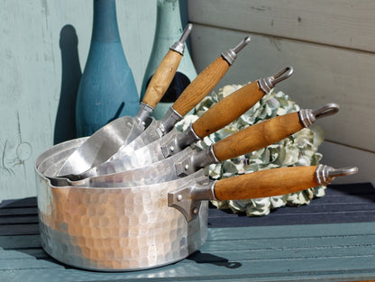 French Vintage Pure Aluminum Hammered Saucepans with Spouts Wooden Handles ~ L.Lecellier VILLEDIEU