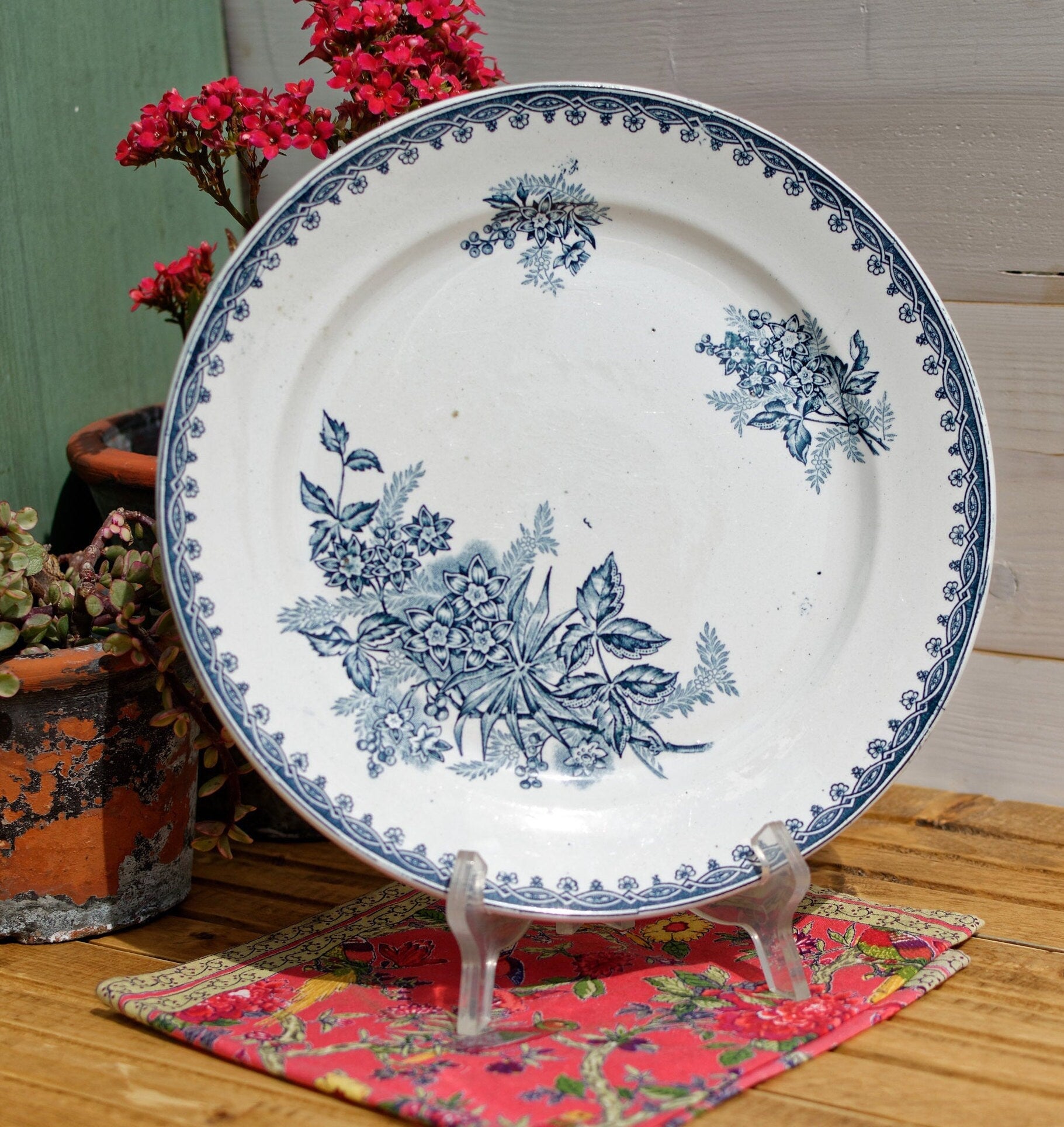 French Ironstone Blue Transferware Plate MARGOT Hen/Coq Ste Amandinoise St Amand Terre de Fer