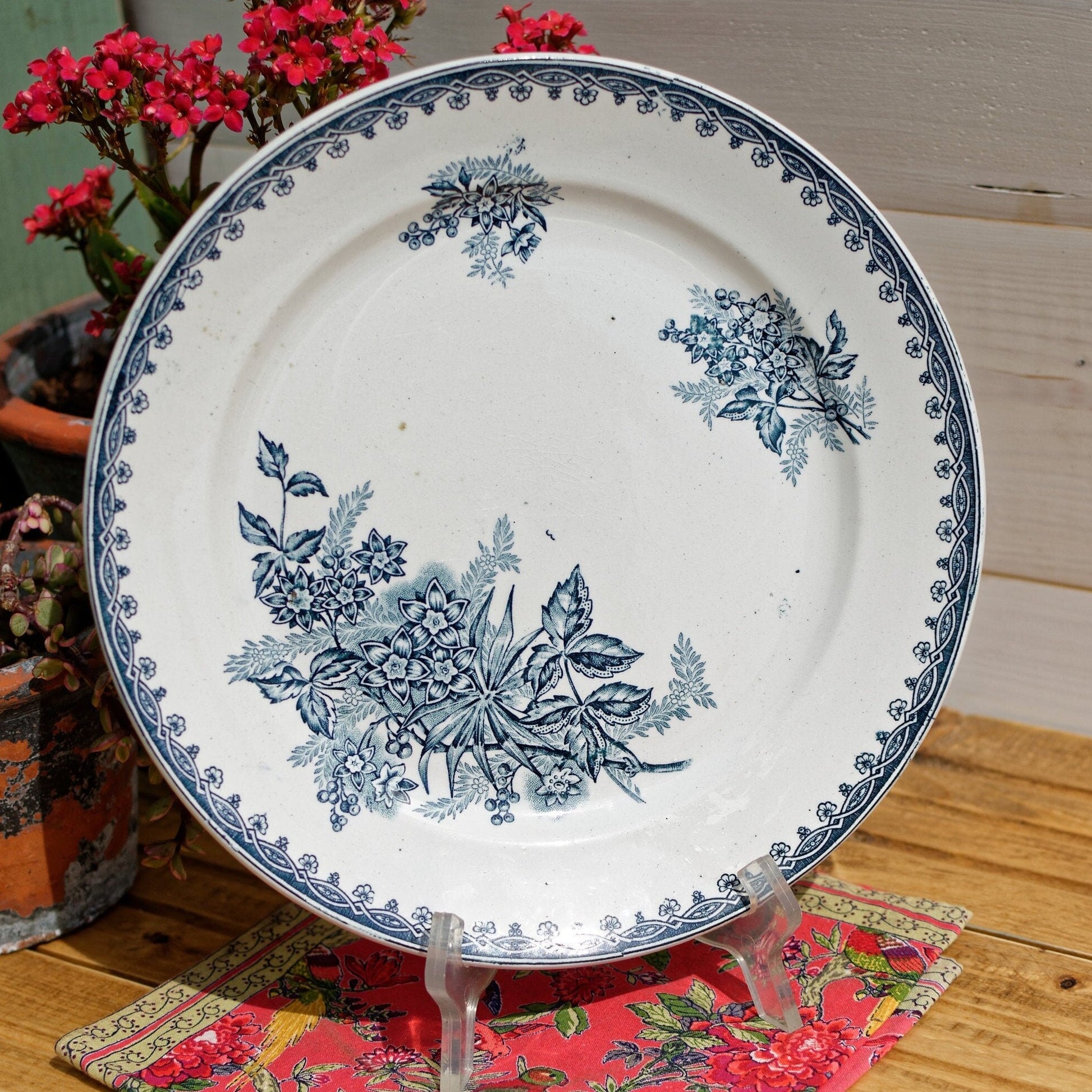 French Ironstone Blue Transferware Plate MARGOT Hen/Coq Ste Amandinoise St Amand Terre de Fer