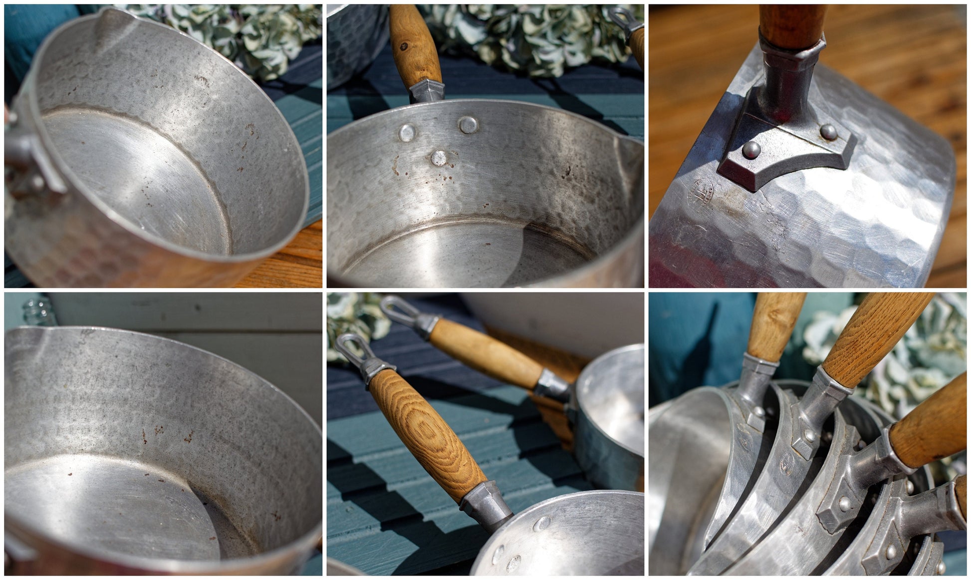 French Vintage Pure Aluminum Hammered Saucepans with Spouts Wooden Handles ~ L.Lecellier VILLEDIEU