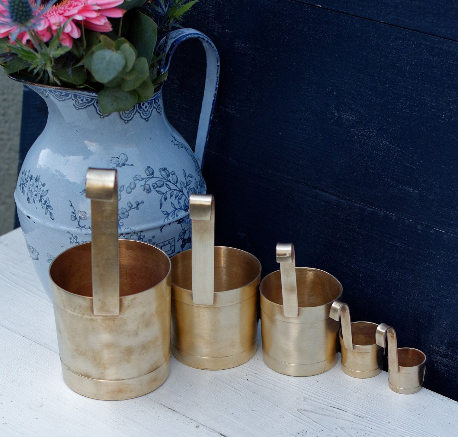 French Vintage Hanging Brass Measuring Cups Ladles with Hock Handles