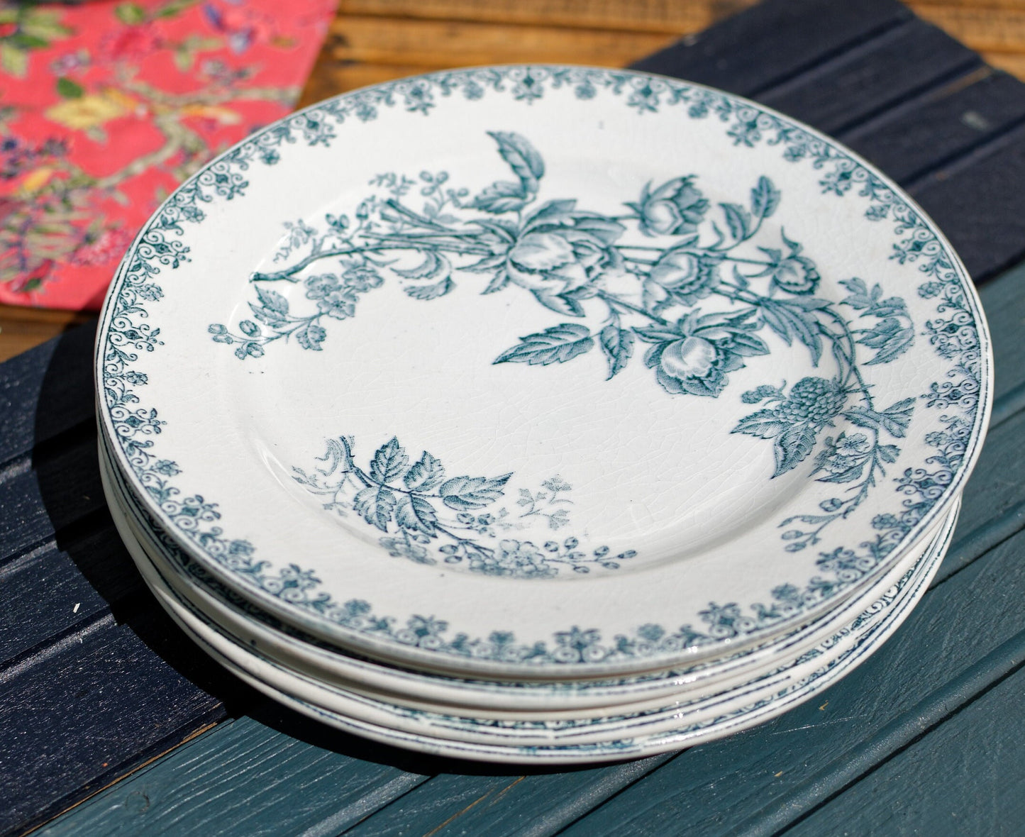 French Ironstone Blue Transferware Plate Terre de Fer Rose Trimiere LG Léon Graves Clairefontaine France