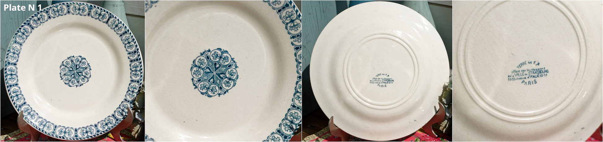 French Ironstone Blue Transferware Plate Terre de Fer Offert par les Magasins de la ville de Strasbourg 53-55 Avenue D’Italie 53-55 PARIS