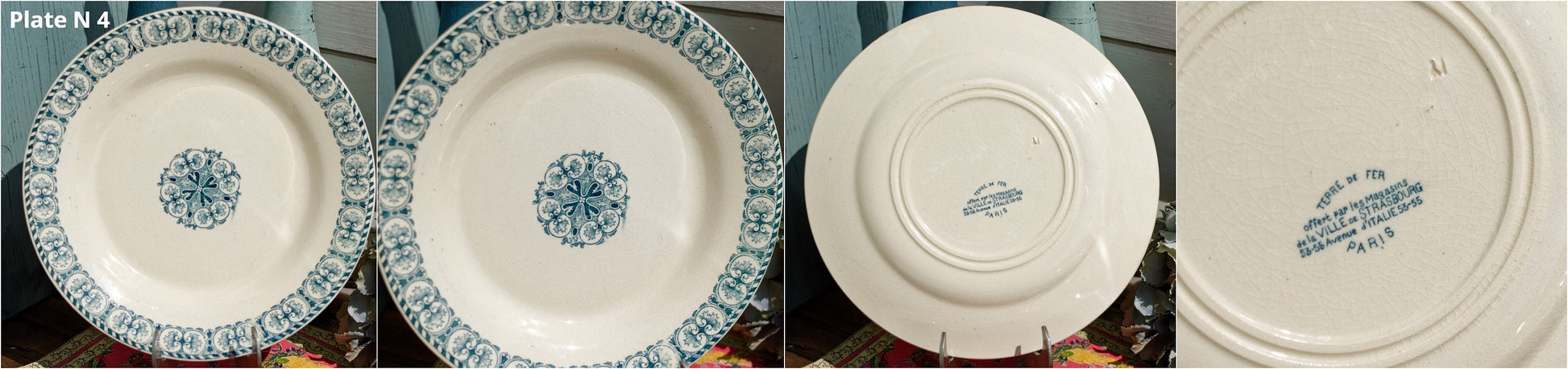 French Ironstone Blue Transferware Plate Terre de Fer Offert par les Magasins de la ville de Strasbourg 53-55 Avenue D’Italie 53-55 PARIS