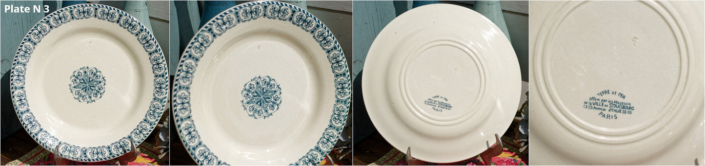 French Ironstone Blue Transferware Plate Terre de Fer Offert par les Magasins de la ville de Strasbourg 53-55 Avenue D’Italie 53-55 PARIS