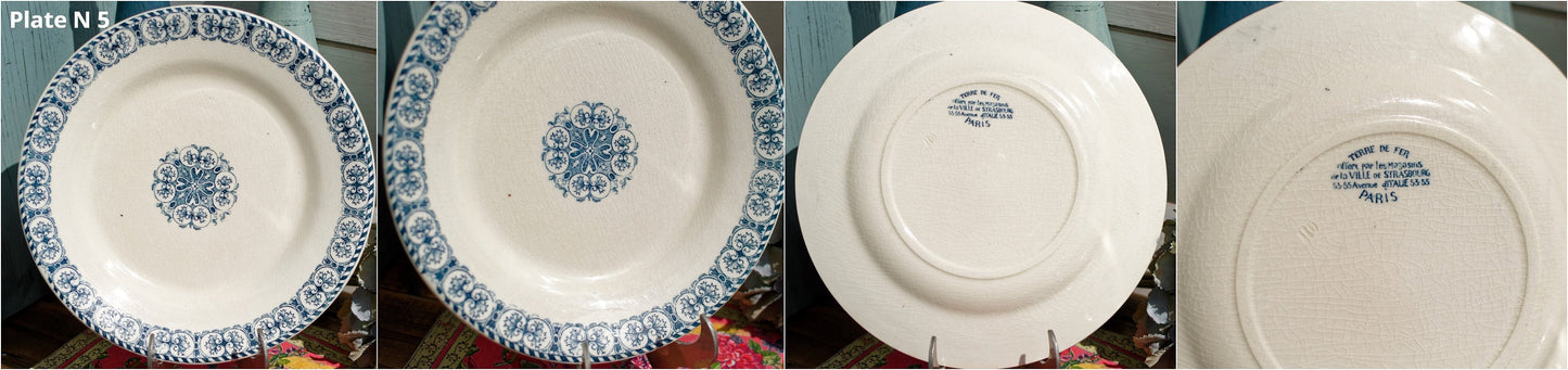 French Ironstone Blue Transferware Plate Terre de Fer Offert par les Magasins de la ville de Strasbourg 53-55 Avenue D’Italie 53-55 PARIS