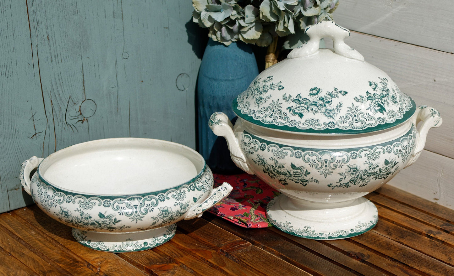 Années 1880/1900 ~ « ANGLAIS » L(Léon) Bertrand Bordeaux ~ Français Antique Green Transferware Soup Tureen ~ Terre de fer