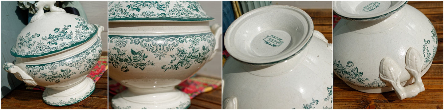 Années 1880/1900 ~ « ANGLAIS » L(Léon) Bertrand Bordeaux ~ Français Antique Green Transferware Soup Tureen ~ Terre de fer