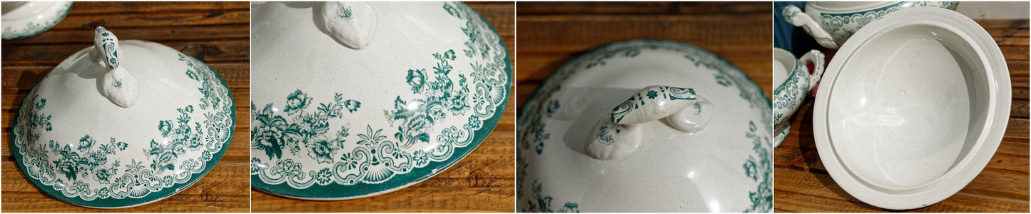 Années 1880/1900 ~ « ANGLAIS » L(Léon) Bertrand Bordeaux ~ Français Antique Green Transferware Soup Tureen ~ Terre de fer