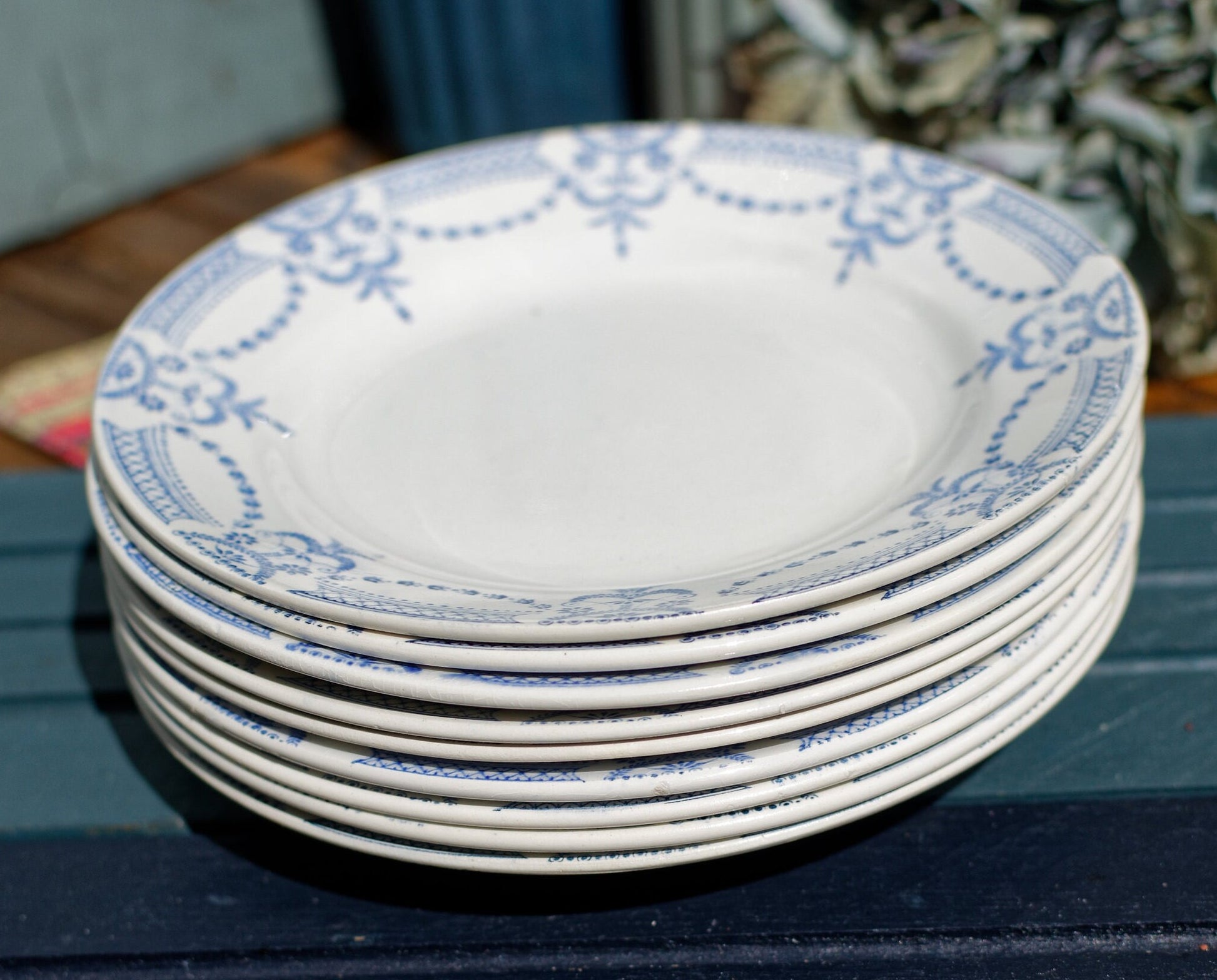 French Ironstone Blue Transferware Plate Nord Hamage Moulin des Loups France Colonial Motif Terre de Fer 