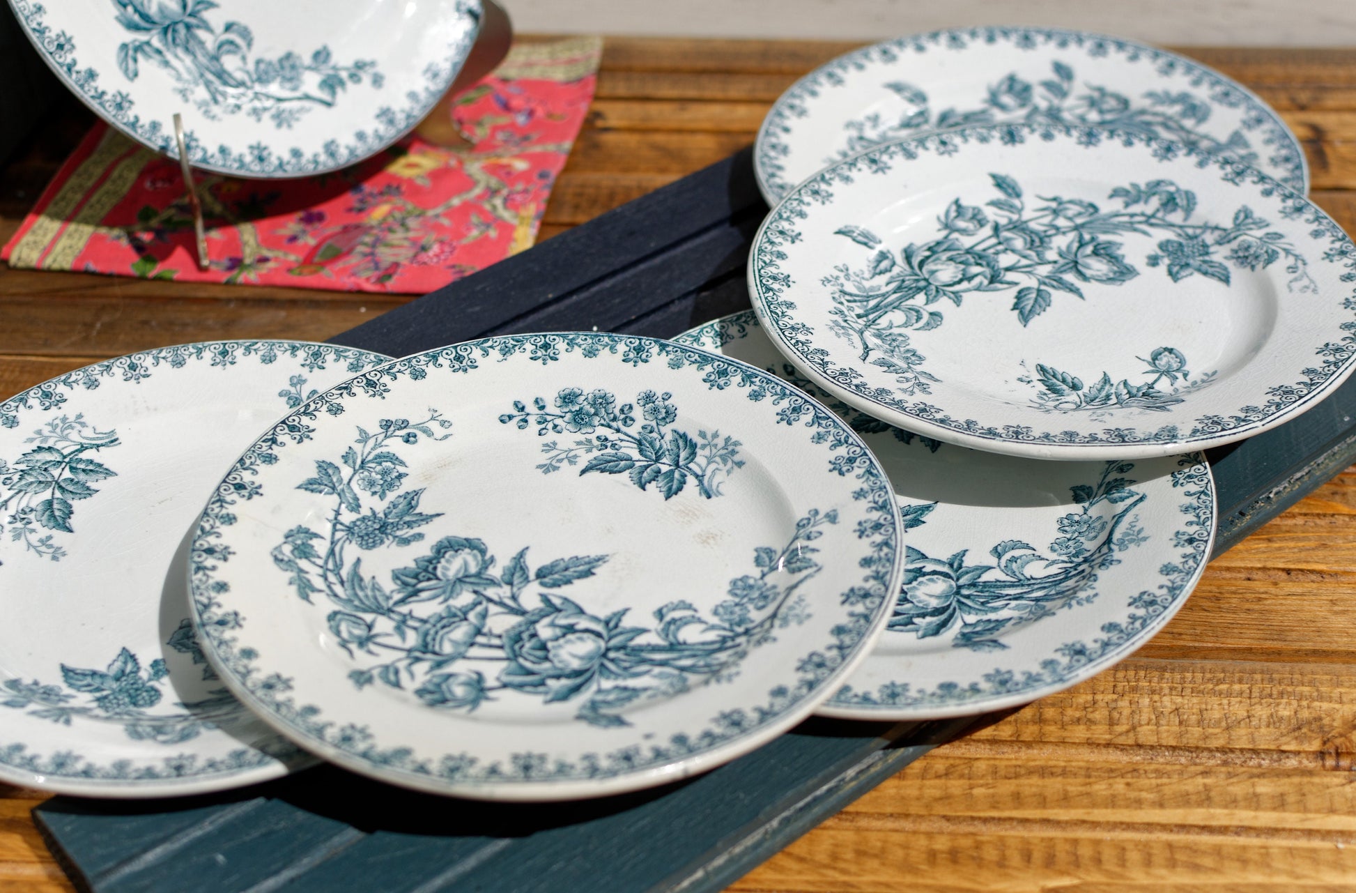 French Ironstone Blue Transferware Plate Terre de Fer Rose Trimiere LG Léon Graves Clairefontaine France