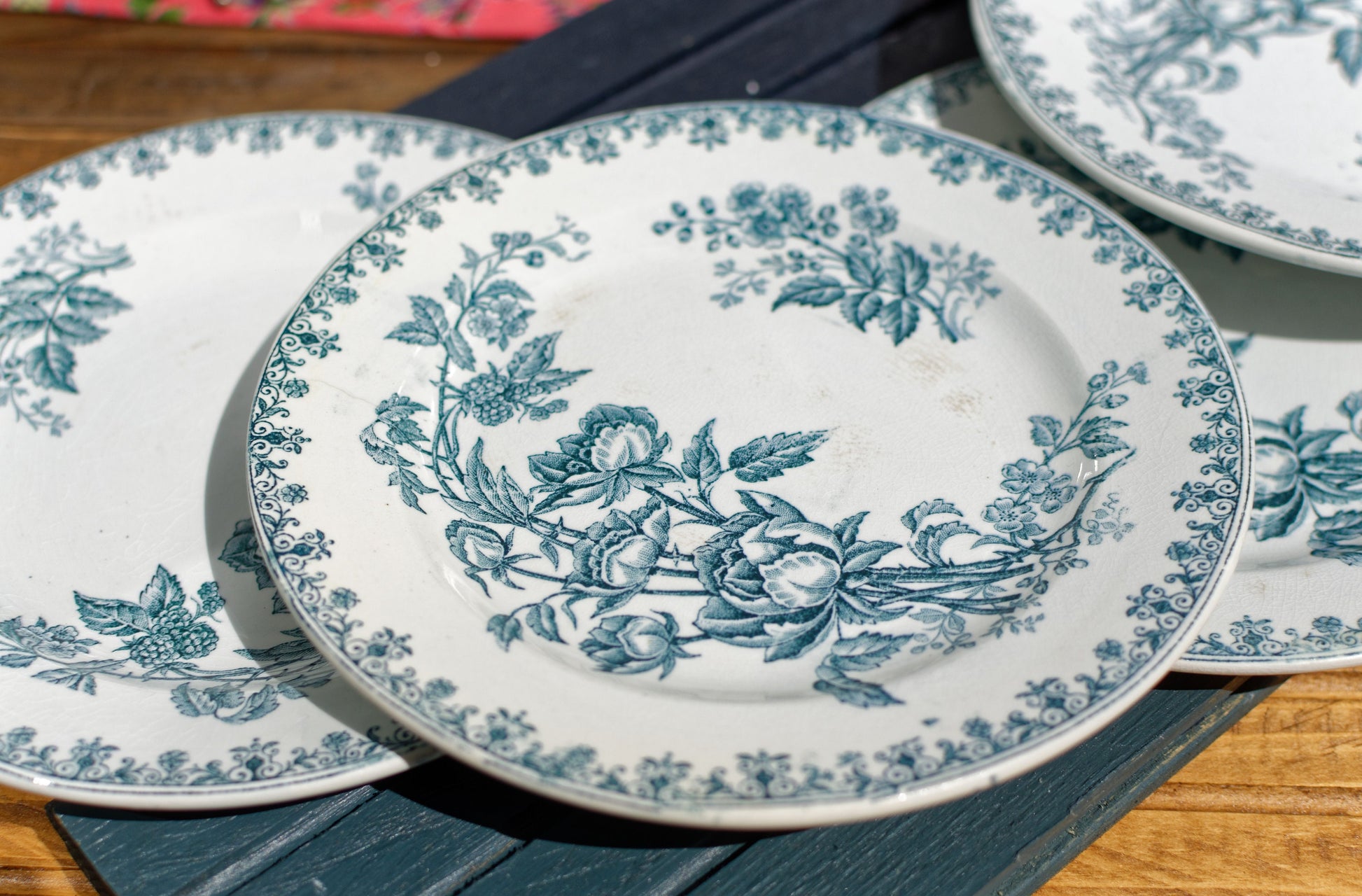 French Ironstone Blue Transferware Plate Terre de Fer Rose Trimiere LG Léon Graves Clairefontaine France