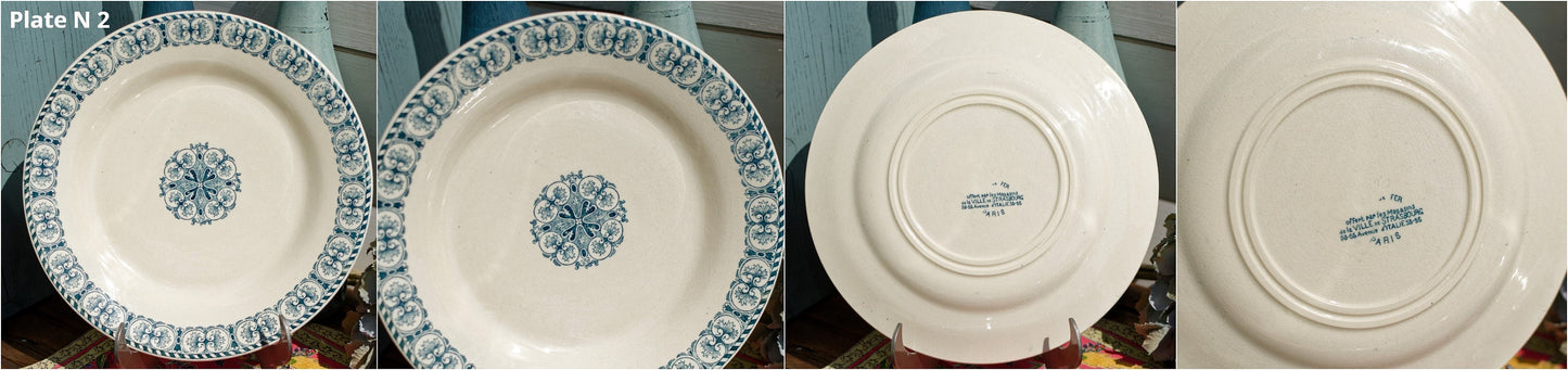 French Ironstone Blue Transferware Plate Terre de Fer Offert par les Magasins de la ville de Strasbourg 53-55 Avenue D’Italie 53-55 PARIS