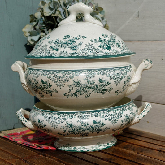 Années 1880/1900 ~ « ANGLAIS » L(Léon) Bertrand Bordeaux ~ Français Antique Green Transferware Soup Tureen ~ Terre de fer