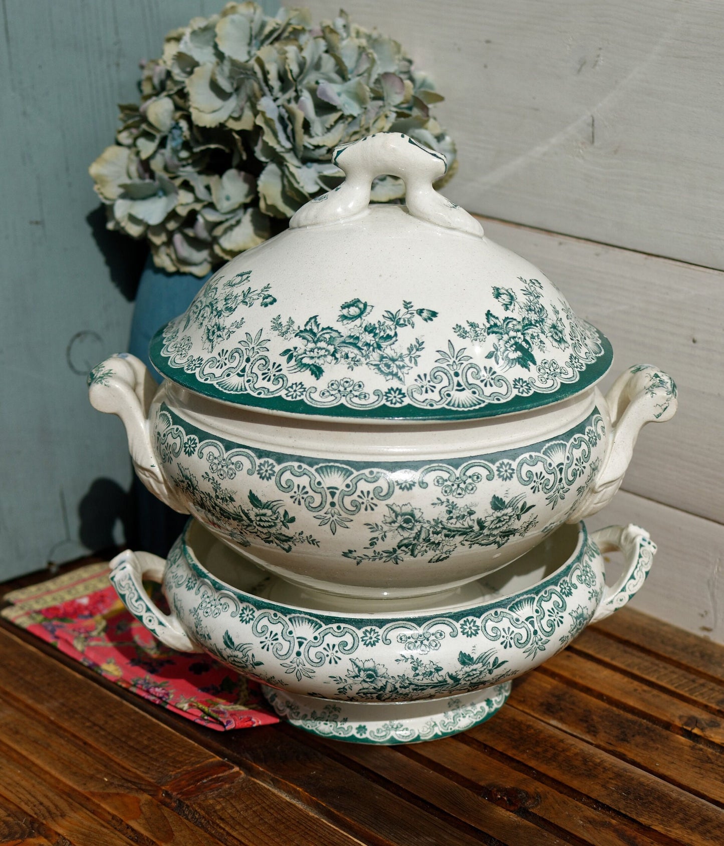 Années 1880/1900 ~ « ANGLAIS » L(Léon) Bertrand Bordeaux ~ Français Antique Green Transferware Soup Tureen ~ Terre de fer