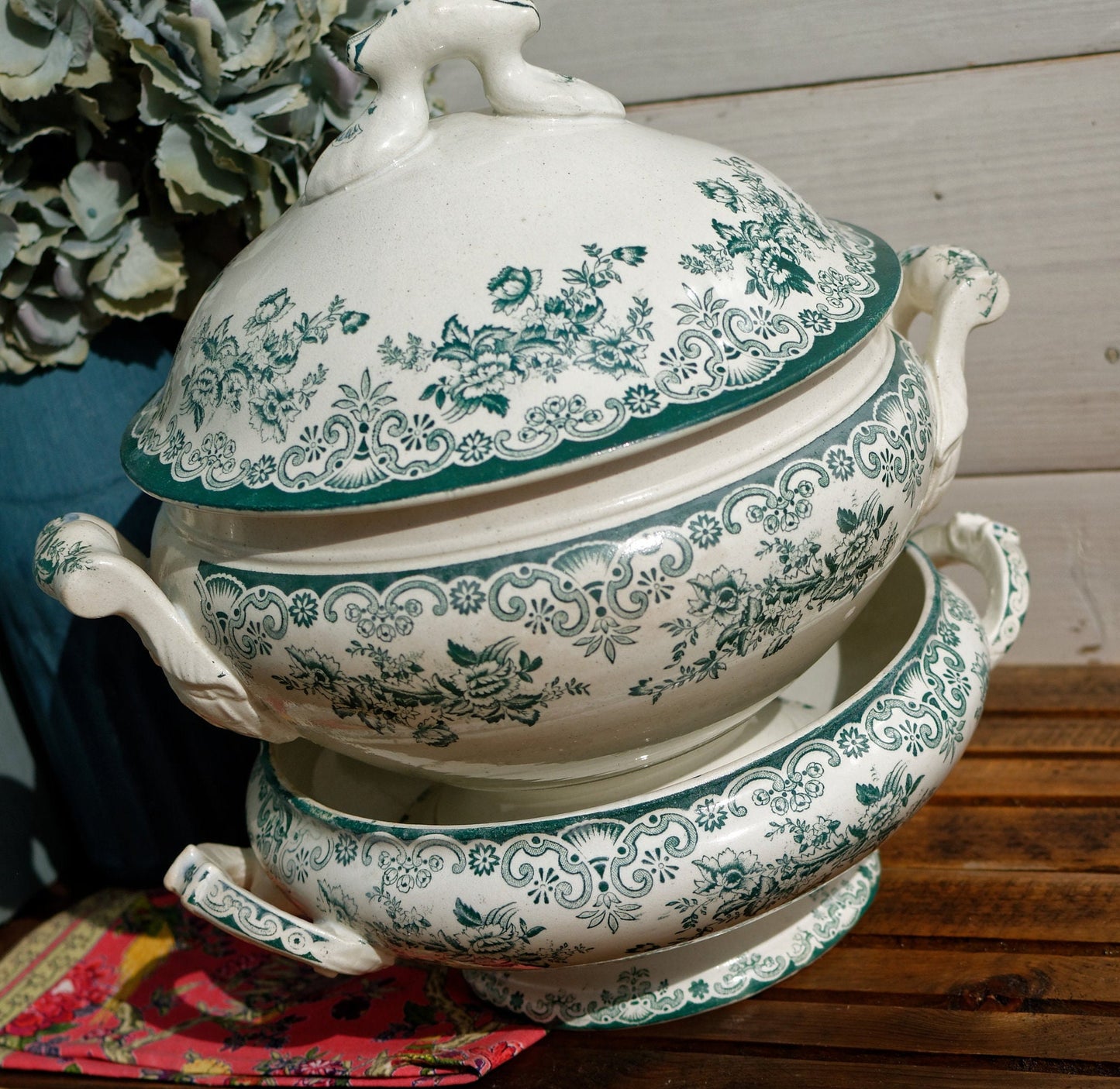 Années 1880/1900 ~ « ANGLAIS » L(Léon) Bertrand Bordeaux ~ Français Antique Green Transferware Soup Tureen ~ Terre de fer