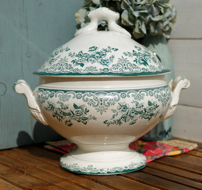 Années 1880/1900 ~ « ANGLAIS » L(Léon) Bertrand Bordeaux ~ Français Antique Green Transferware Soup Tureen ~ Terre de fer