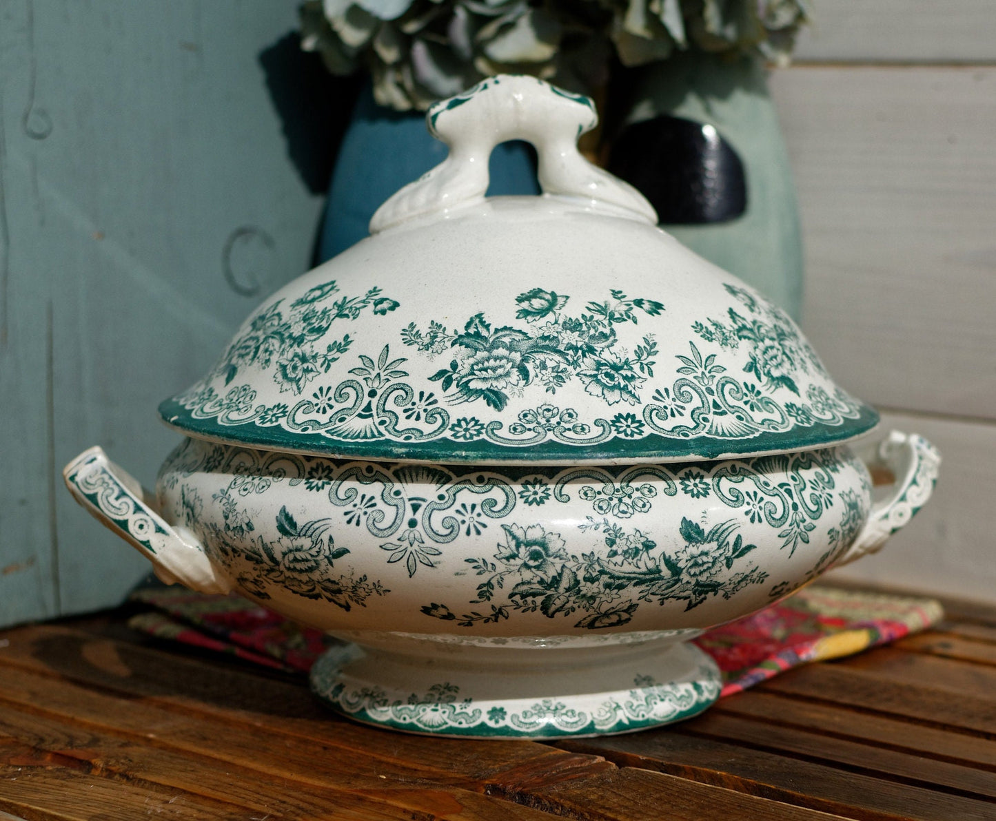 Années 1880/1900 ~ « ANGLAIS » L(Léon) Bertrand Bordeaux ~ Français Antique Green Transferware Soup Tureen ~ Terre de fer