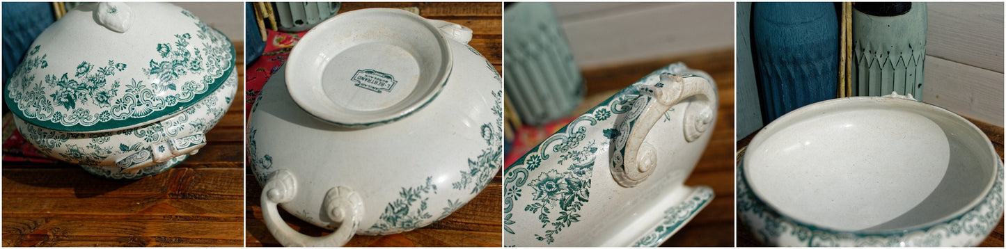 Années 1880/1900 ~ « ANGLAIS » L(Léon) Bertrand Bordeaux ~ Français Antique Green Transferware Soup Tureen ~ Terre de fer