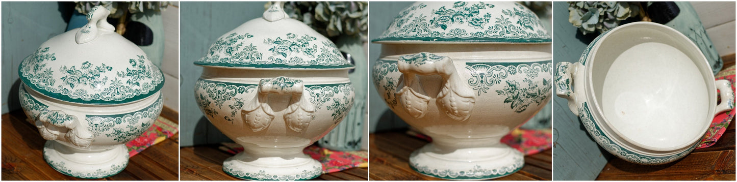 Années 1880/1900 ~ « ANGLAIS » L(Léon) Bertrand Bordeaux ~ Français Antique Green Transferware Soup Tureen ~ Terre de fer