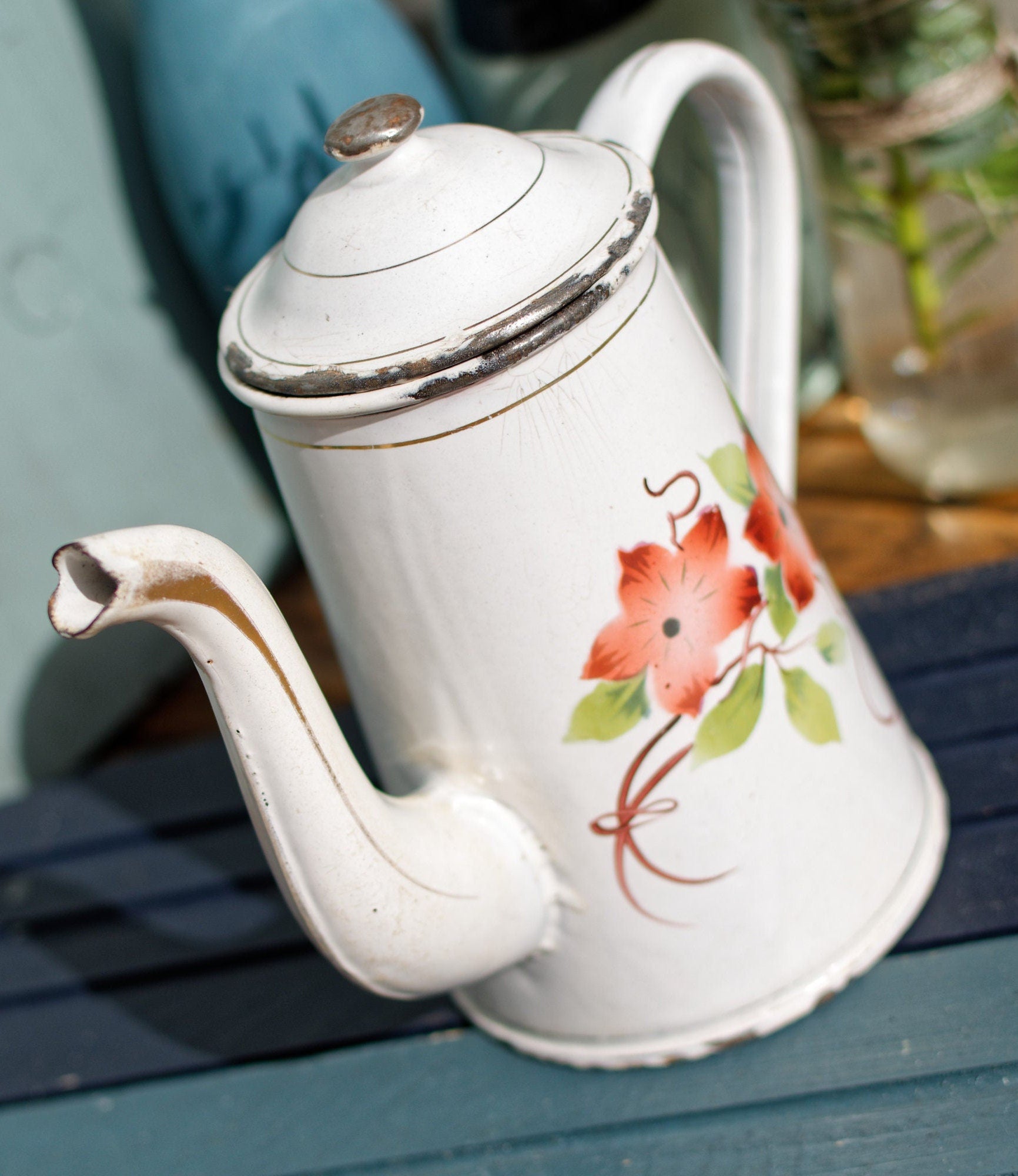 French Enamel Floral Cafetiere Coffee Pot