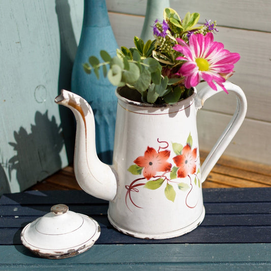 French Enamel Floral Cafetiere Coffee Pot