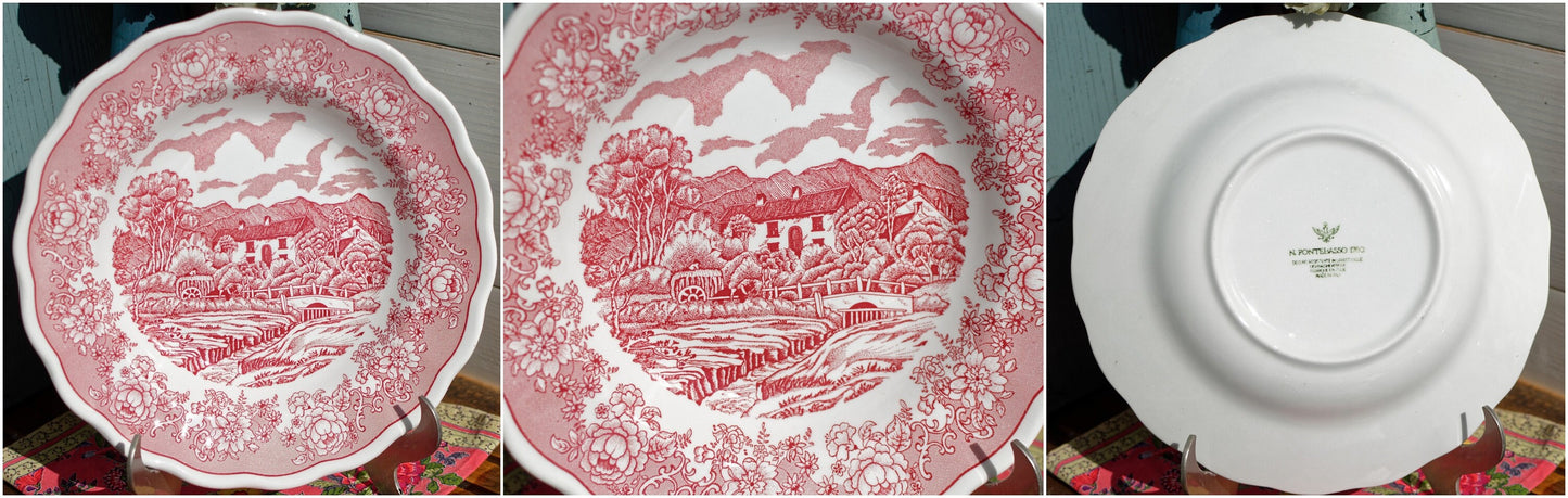 Italian Ironstone Red Transferware Soup Plate N. FONTEBASSO 1760 N.F. Terraglia Forte English Landscape Fabrique en Italie 